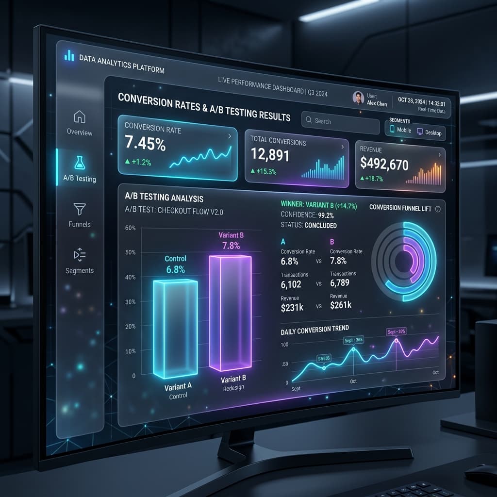 Sleek glowing data analytics dashboard showing conversion rates
