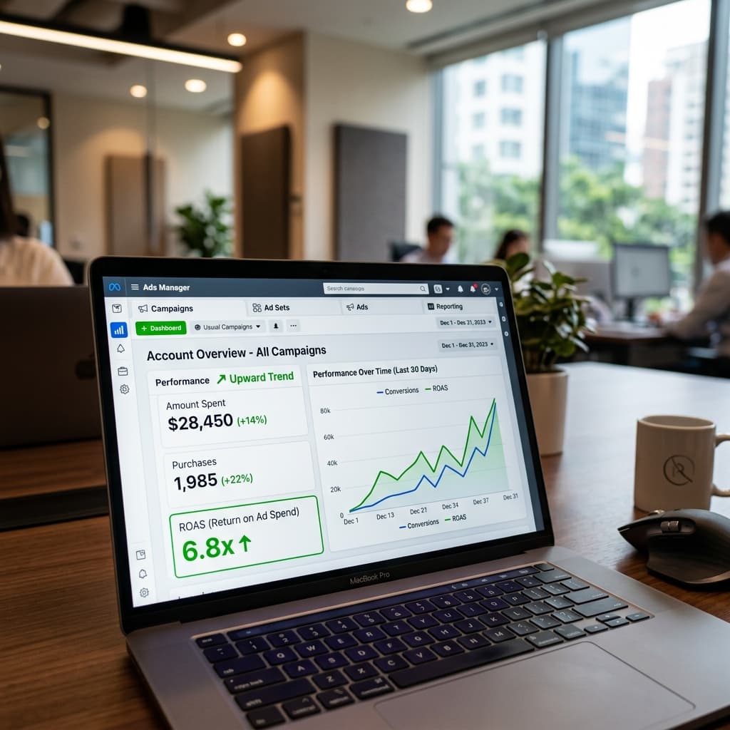Facebook Ads Manager Dashboard on laptop showing ROAS